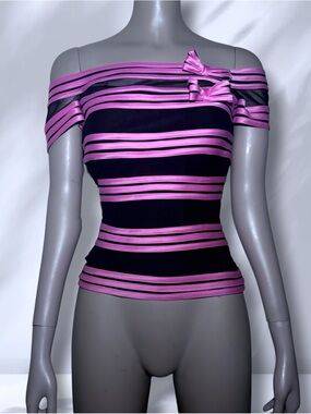 Striped Off-Shoulder Camisole with Bow in Black and Pink